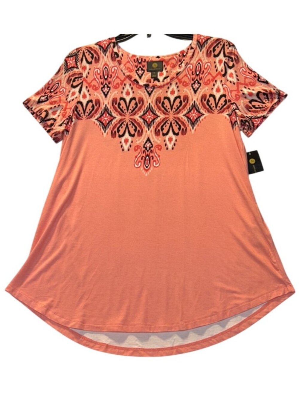 JM Collection Medium Peach Berry Rayon Span Knit Short Sleeve Top with Patterned